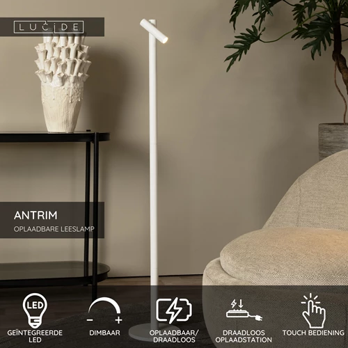 Lucide ANTRIM - Oplaadbare Leeslamp Binnen/Buiten - Accu/Batterij - LED Dimb. - 1x2,2W 2700K - IP54 - Met draadloos oplaadstation - Wit - USP